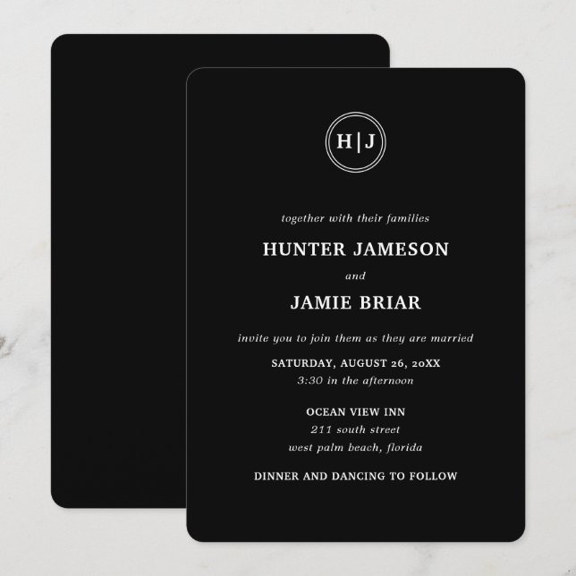 Invitation Mariage noir Monogramme moderne (Devant / Derrière)