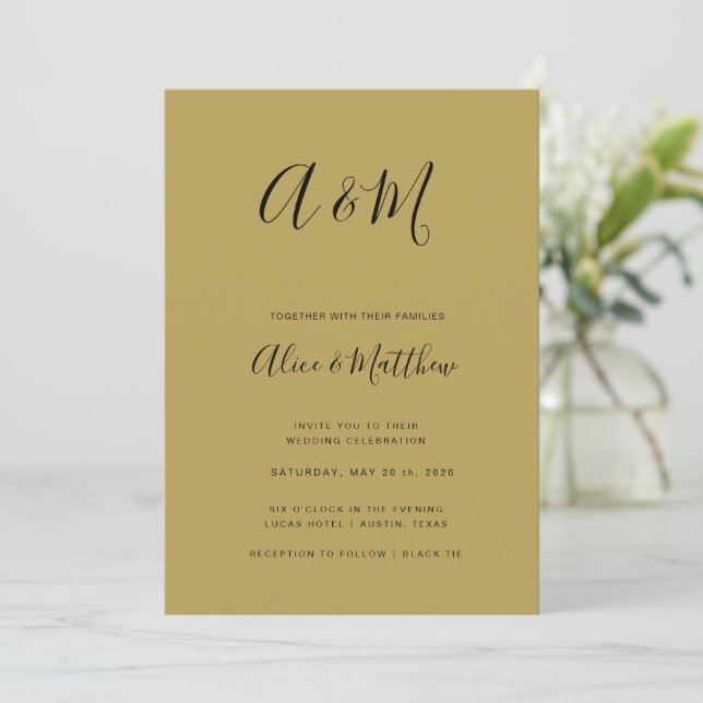 Invitation Mariage noir Monogramme or moderne (Debout devant)