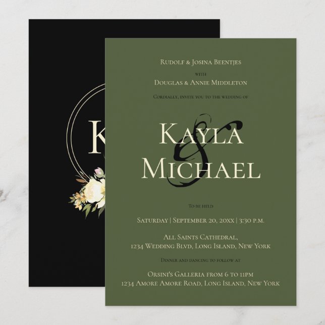 Invitation Mariage noir noir crème verte Rose Monogramme (Devant / Derrière)