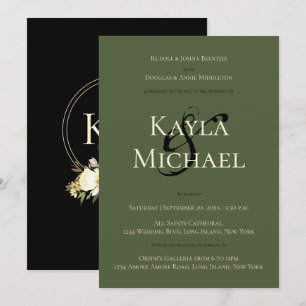 Invitation Mariage noir noir crème verte Rose Monogramme