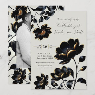 Invitation Mariage noir & or Floral Greige
