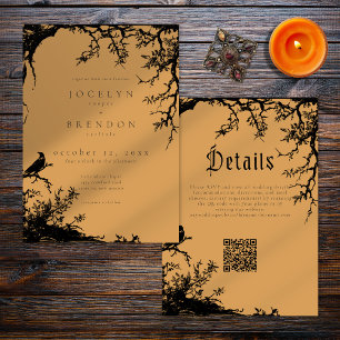 Invitation Mariage noir orange Gravure d'arbre de corbeau got