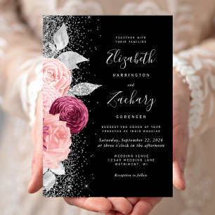 Invitation Mariage Noir Paillettes Argent Rosé Bourguignon Fl