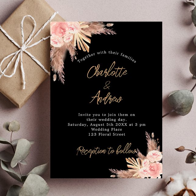 Invitation Mariage noir pampas herbe rose or fleurons boho (Créateur téléchargé)