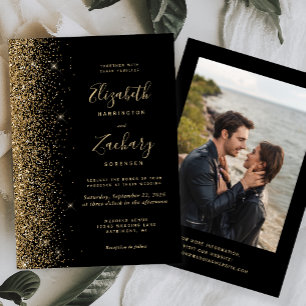 Invitation Mariage noir photo paillettes or moderne