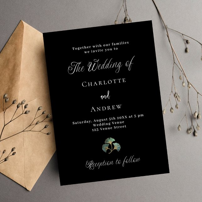 Invitation Mariage noir vert ginkgo feuille script simple (Créateur téléchargé)