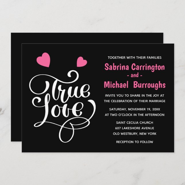 Invitation Mariage noir Vrai Amour Coeurs roses Typographie (Devant / Derrière)