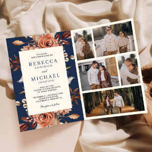 Invitation Mariage Nuit Bleue Code QR Floral Crème et Terraco