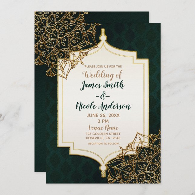 Invitation Mariage Nuits arabes marocaines vert et or (Devant / Derrière)