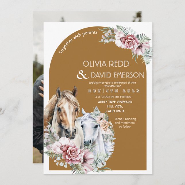 Invitation Mariage occidental rustique cowboy boho floral (Devant / Derrière)