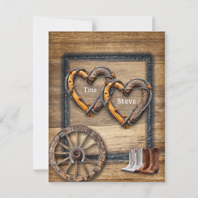 Invitation Mariage occidental Twig Cadres, Boots Wagon Wheel (Devant)