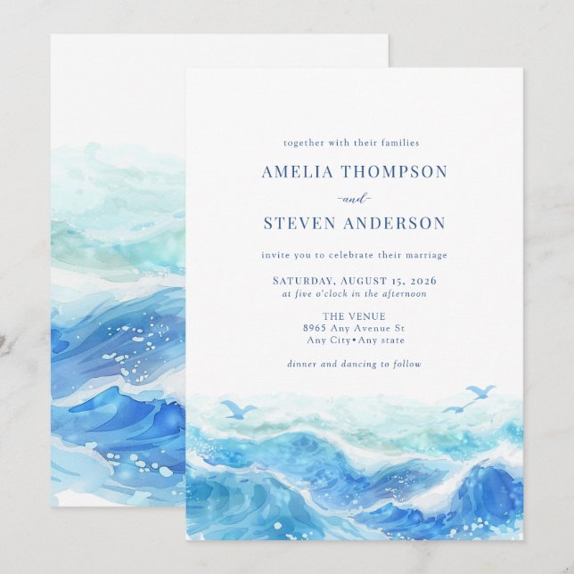 Invitation Mariage Océan bleu (Devant / Derrière)