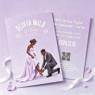 Invitation mariage oeuvre d'art violet tenant les mains