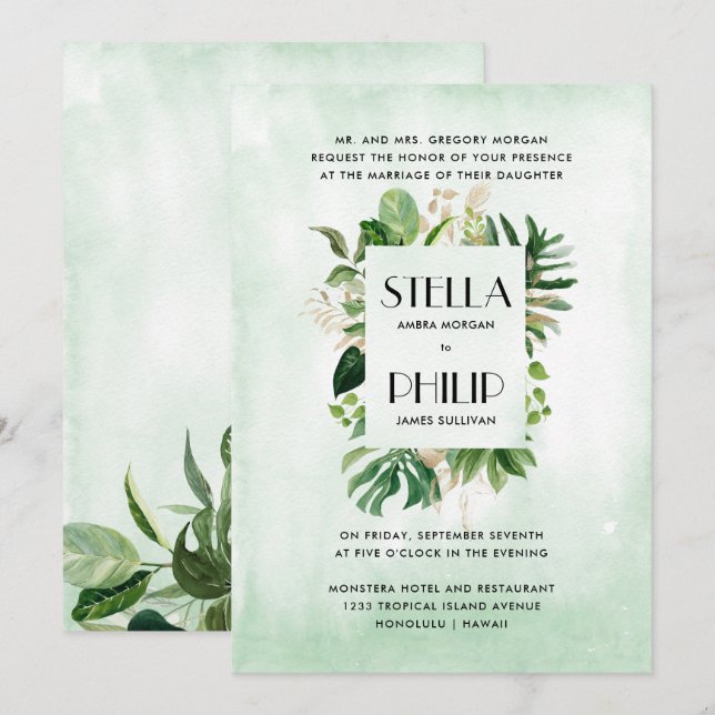 Invitation Mariage officiel du feuillage tropical de la monst (Devant / Derrière)
