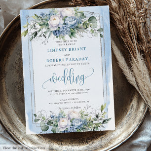 Invitation Mariage officiel Dusty Blue Silver Fleurs