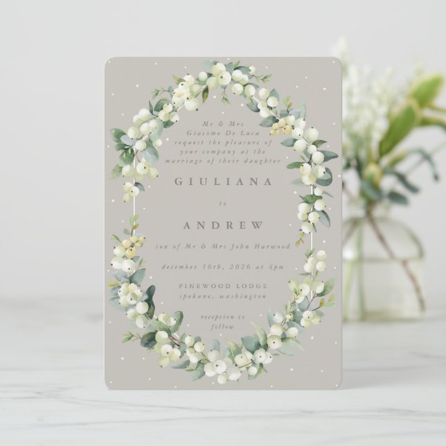 Invitation Mariage officiel Greige/Taupe Snowberry+Eucalyptus (Debout devant)
