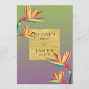 Invitation Mariage oiseau de paradis or violet et vert