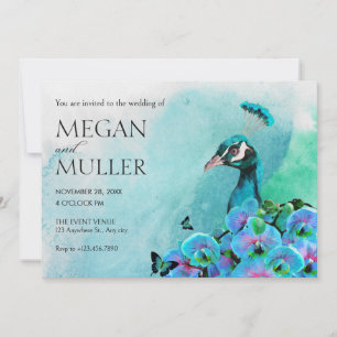 Invitation Mariage oiseau paon bleu esthétique