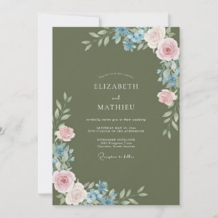 Invitation Mariage Olive Bleuet Ranunculus Eucalyptus