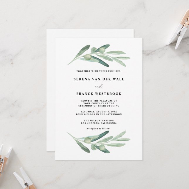 Invitation Mariage Olive rustique (Devant/Arrière en situation)