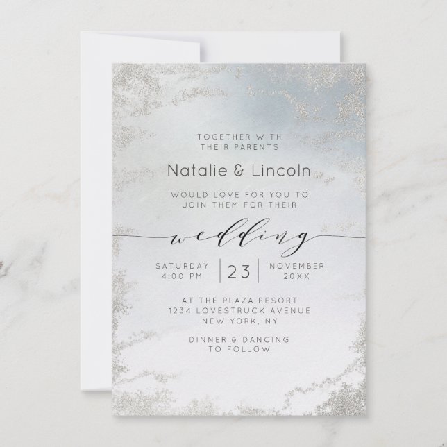 Invitation Mariage Ombre Dusty Blue Frosted Silver Foil Luxe (Devant)