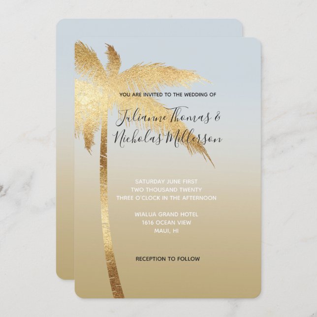 Invitation Mariage Ombre Gold Blue Palm Tree (Devant / Derrière)