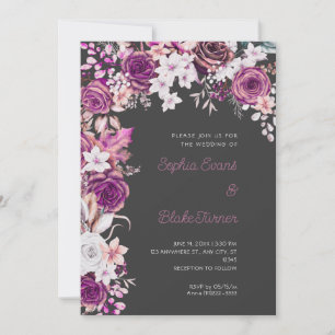 Invitation Mariage ombré gris aux roses violettes et blanches