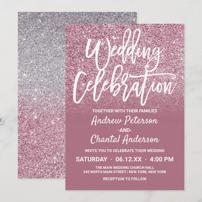 Invitation Mariage Ombre Parties scintillant Cassis rose Arge (Devant / Derrière)