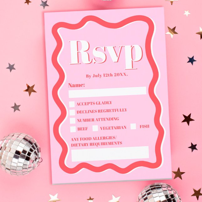 Invitation Mariage ondulé à courbe rouge rétro rose (Créateur téléchargé)