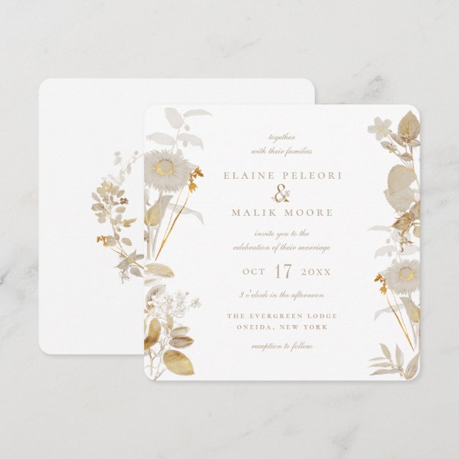 Invitation Mariage opulent dans le jardin doré (Devant / Derrière)