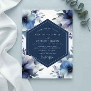 Invitation Mariage Opulent Fleur Bleu Profond