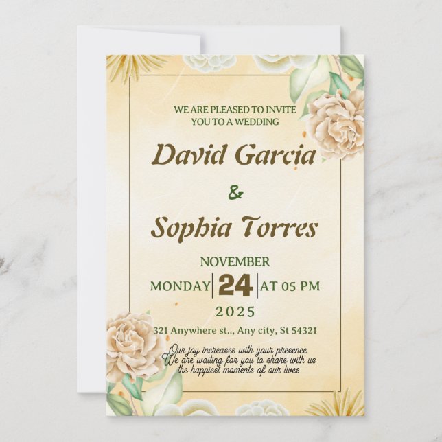 Invitation Mariage or avec aquarelle crème fleurs blanches (Devant)