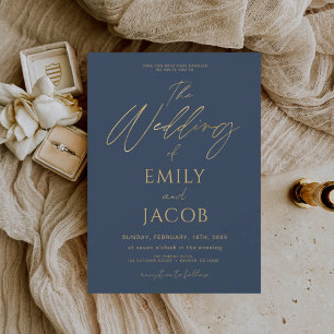 Invitation Mariage or bleu marine Typographie moderne Script