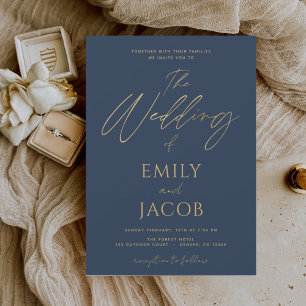 Invitation Mariage or bleu marine Typographie moderne Script