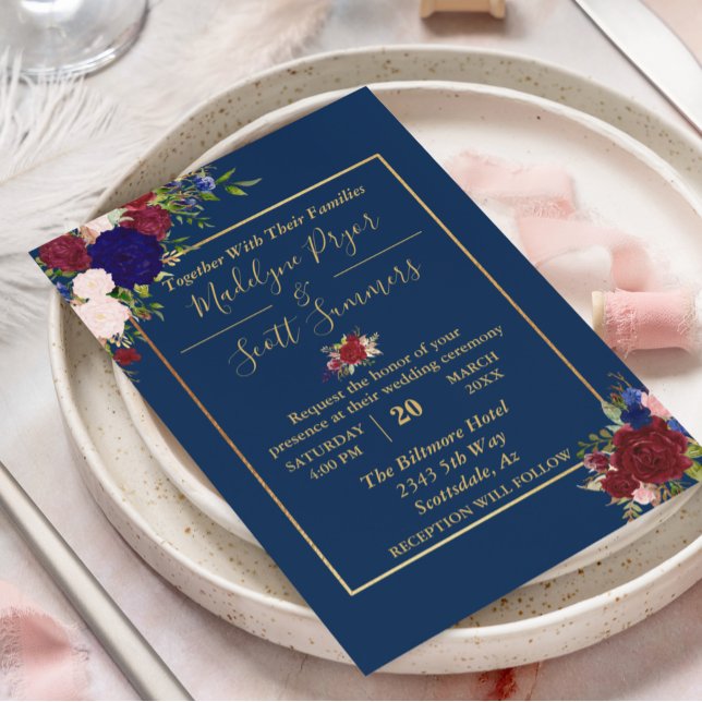 Invitation Mariage Or Cadre Bourgogne Navy Or (Créateur téléchargé)