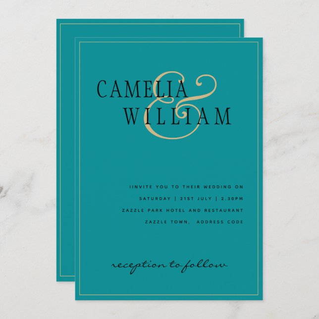 Invitation Mariage Or Classic Turquoise Seaglass intemporel (Devant / Derrière)