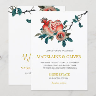 Invitation Mariage or élégant à la grenade botanique