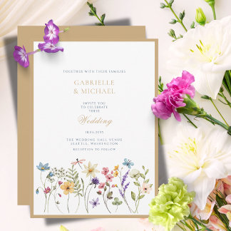 Invitation Mariage or Fleur sauvage d'aquarelle Whimsical