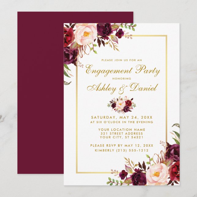 Invitation Mariage or floral de Bourgogne Fiançail (Devant / Derrière)