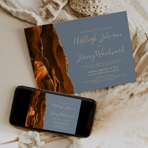 Invitation Mariage Or Gris Agate Bleu Poussiéreux