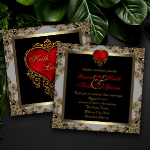 Invitation Mariage Or Noir et Cœur Rouge