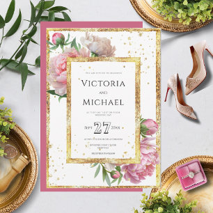 Invitation Mariage or rose Floral Peony Élégant