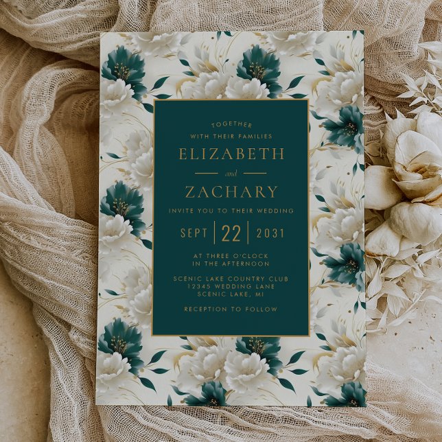 Invitation Mariage or Turquoise floral délicat (Créateur téléchargé)