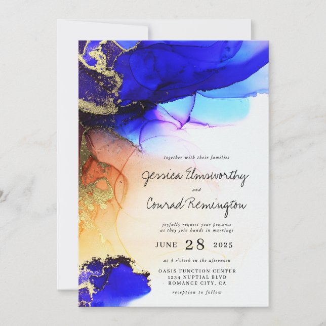 Invitation Mariage orange bleu moderne (Devant)