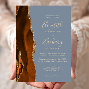 Invitation Mariage Orange Brûlé Agate Or Poussiéreux Bleu