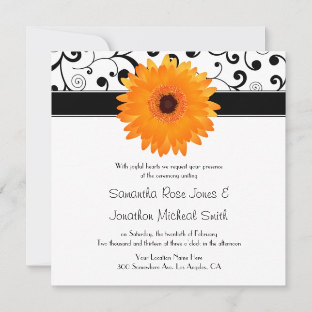 Invitation Mariage orange de conception de rouleau de noir de (Devant)