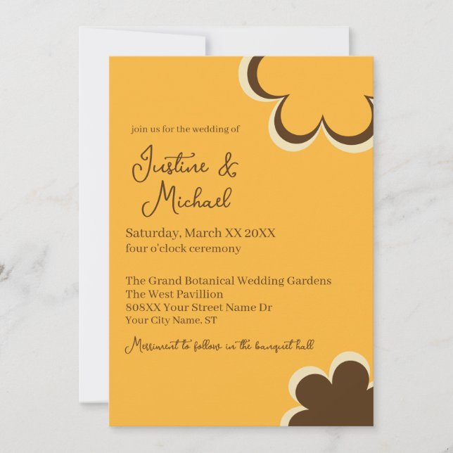 Invitation Mariage Orange rétro et Fleurs Brown (Devant)
