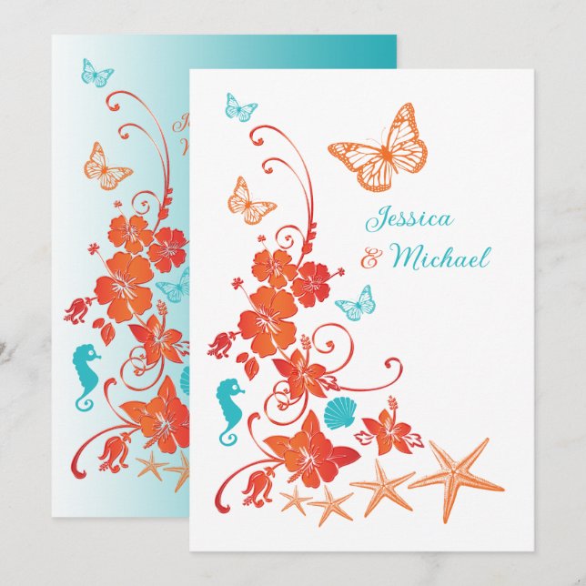 Invitation Mariage Orange, Turquoise, Destination Blanche (Devant / Derrière)