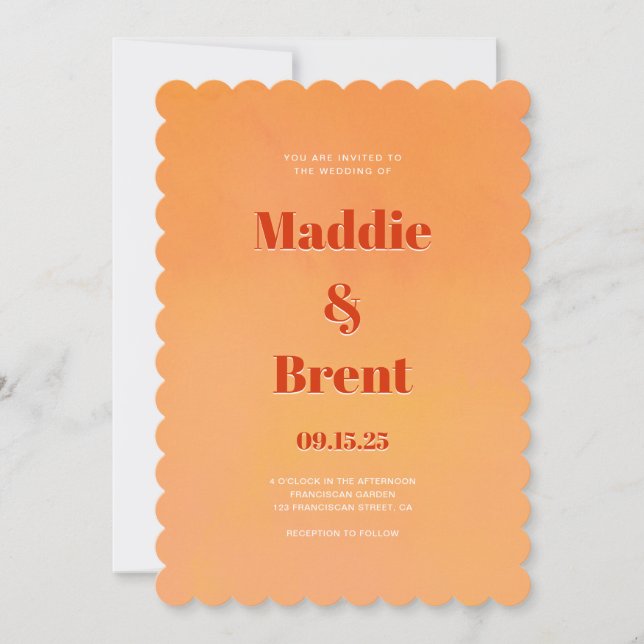 Invitation Mariage orange vif et gras moderne brûlé (Devant)