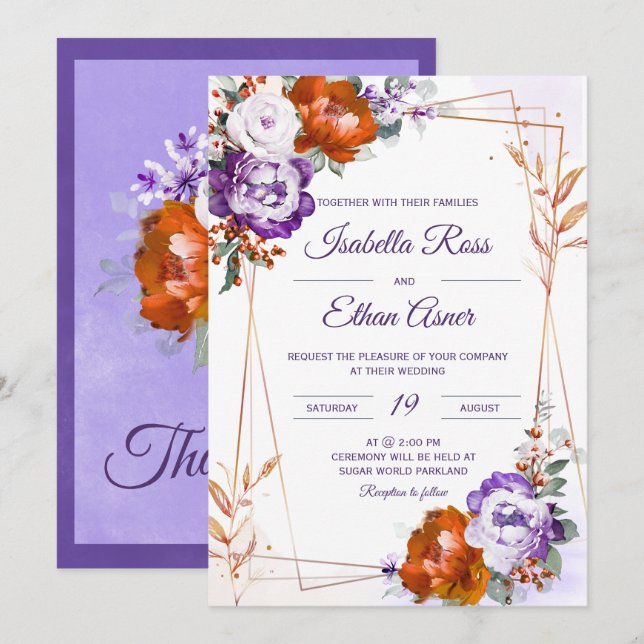 Invitation Mariage orange violet brûlé (Devant / Derrière)